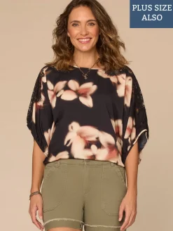 Inset Lace Dolman Sleeve Scoop Neck Floral Print Plus Size Woven Top