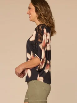 Inset Lace Dolman Sleeve Scoop Neck Floral Print Plus Size Woven Top