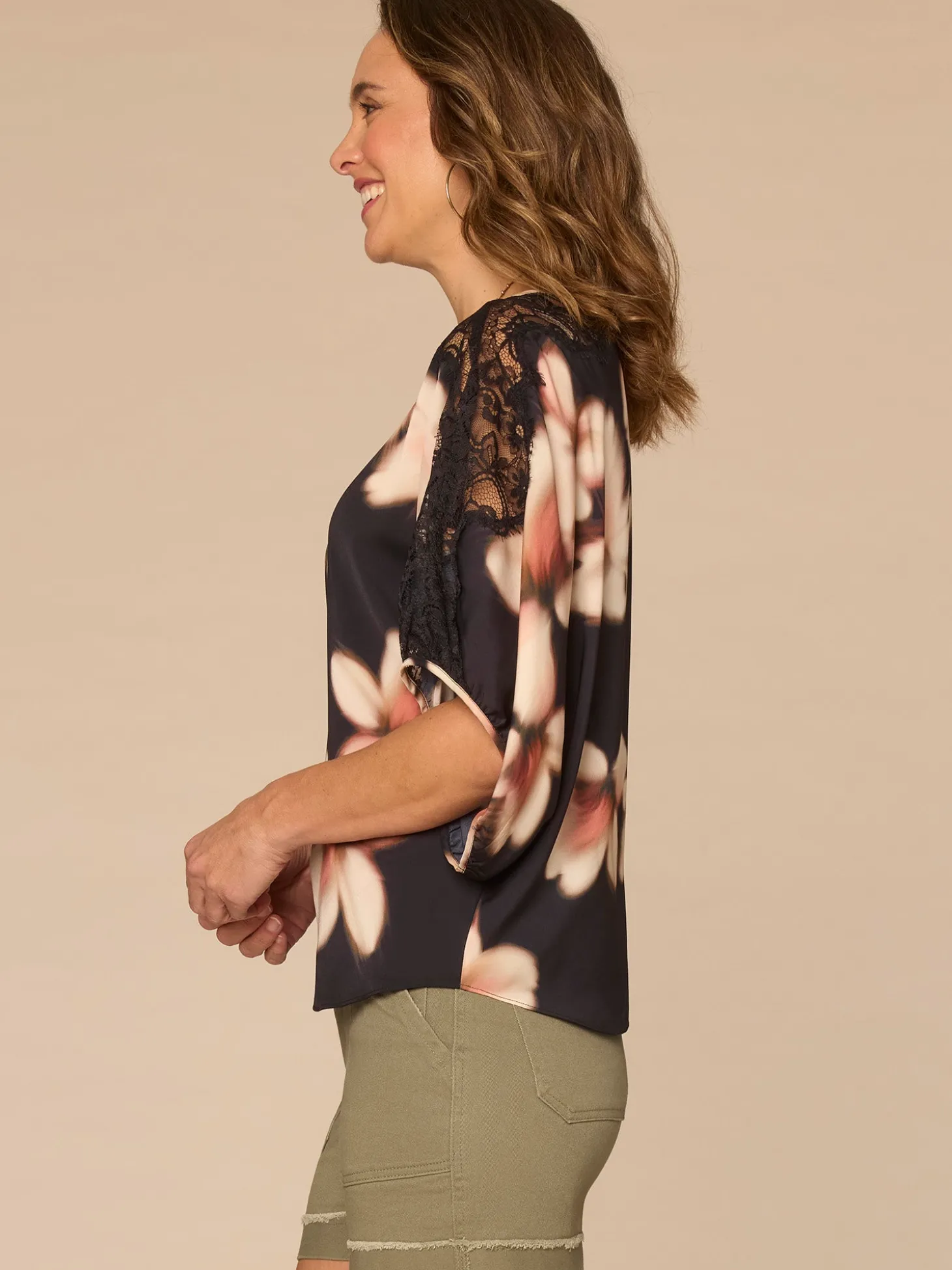 Inset Lace Dolman Sleeve Scoop Neck Floral Print Plus Size Woven Top