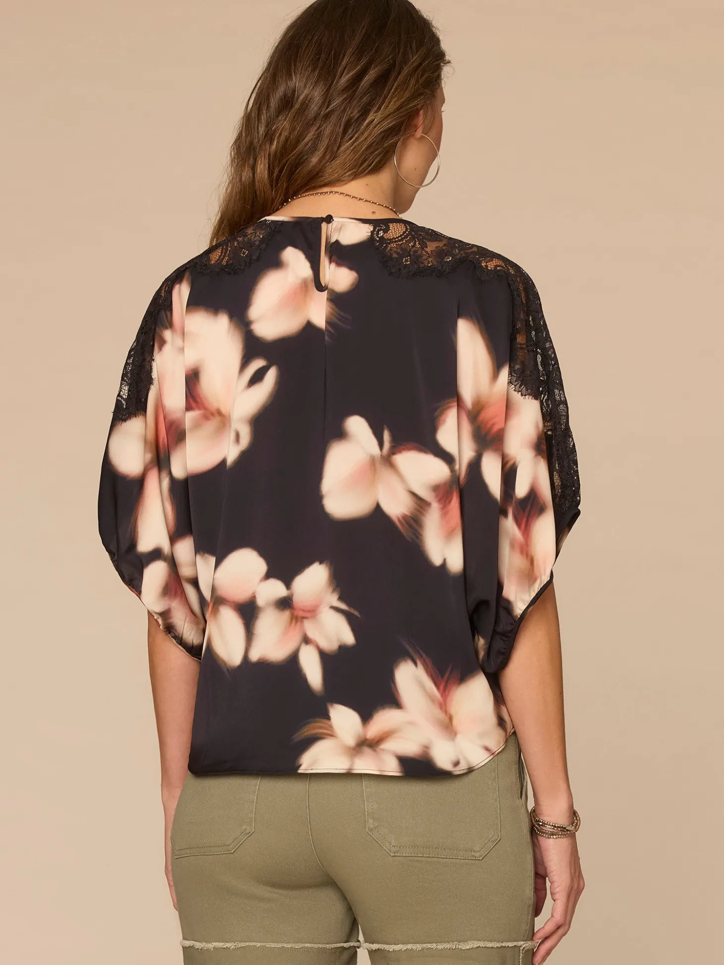 Inset Lace Dolman Sleeve Scoop Neck Floral Print Plus Size Woven Top