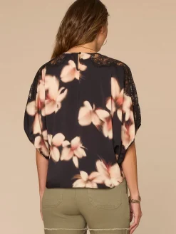 Inset Lace Dolman Sleeve Scoop Neck Floral Print Petite Woven Top