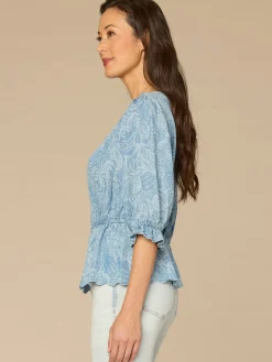 Lantern Sleeve V-Neck Peplum Petite Woven Top with Scallop Detail