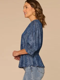 Lantern Sleeve V-Neck Peplum Petite Woven Top with Scallop Detail