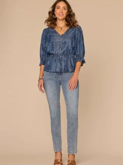Lantern Sleeve V-Neck Peplum Petite Woven Top with Scallop Detail