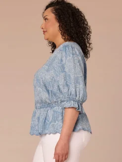 Lantern Sleeve V-Neck Scallop Printed Lyocell Plus Size Woven Top