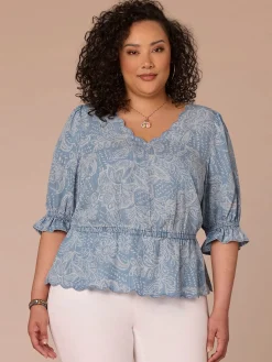 Lantern Sleeve V-Neck Scallop Printed Lyocell Plus Size Woven Top