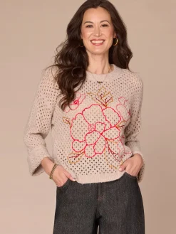 Long Cuffed Sleeve Round Neck Floral Embroidered Petite Sweater