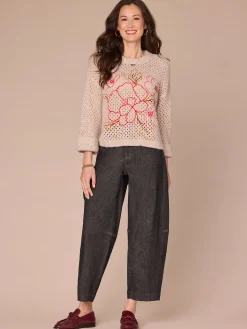 Long Cuffed Sleeve Round Neck Floral Embroidered Petite Sweater