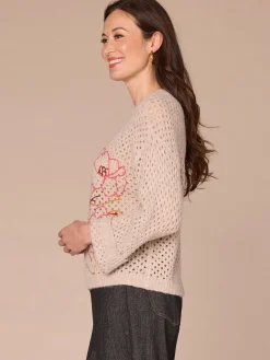 Long Cuffed Sleeve Round Neck Floral Embroidered Petite Sweater