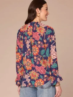 Long Flounce Sleeve V-Neck Ruffle Placket Printed Petite Woven Top