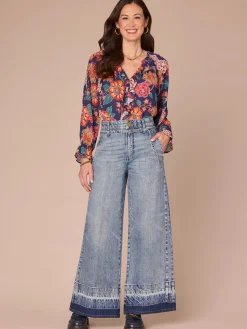 Long Flounce Sleeve V-Neck Ruffle Placket Printed Petite Woven Top