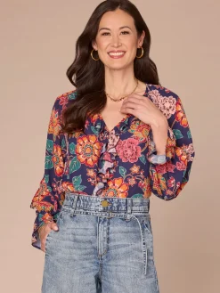 Long Flounce Sleeve V-Neck Ruffle Placket Printed Petite Woven Top