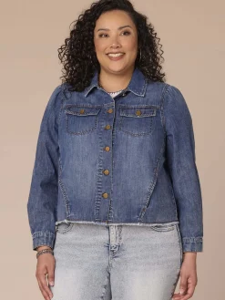 Long Puff Sleeve Button Up Plus Size Denim Jacket with Frayed Hem