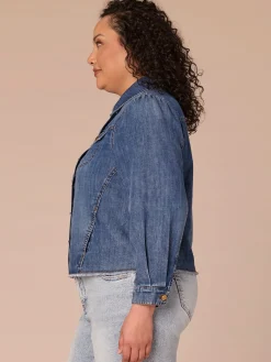 Long Puff Sleeve Button Up Plus Size Denim Jacket with Frayed Hem
