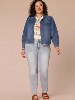 Long Puff Sleeve Button Up Plus Size Denim Jacket with Frayed Hem