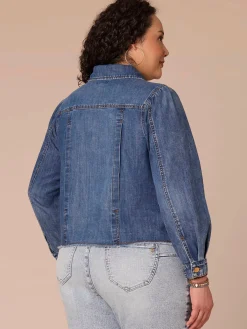 Long Puff Sleeve Button Up Plus Size Denim Jacket with Frayed Hem