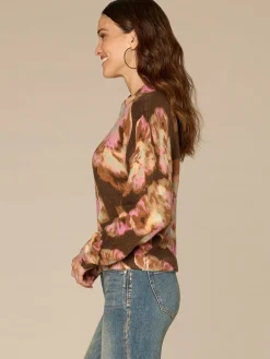 Long Ruched Sleeve Mock Neck Abstract Floral Print Petite Sweater