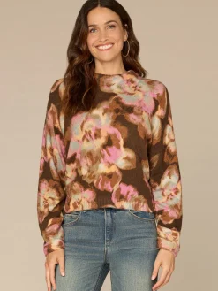 Long Ruched Sleeve Mock Neck Abstract Floral Print Petite Sweater