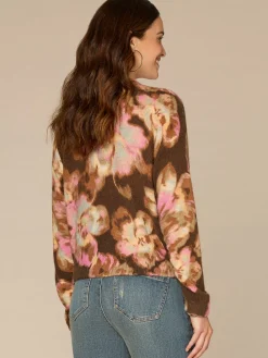 Long Ruched Sleeve Mock Neck Abstract Floral Print Petite Sweater