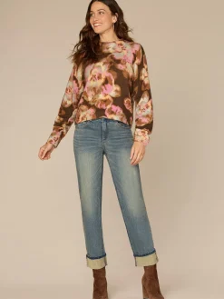 Long Ruched Sleeve Mock Neck Abstract Floral Print Petite Sweater