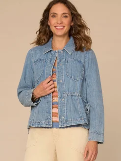 Long Sleeve Hidden Snap Front Peplum Denim Jacket with Waistband Tie