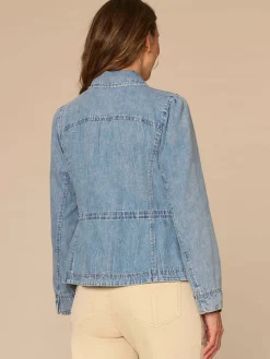 Long Sleeve Hidden Snap Front Peplum Petite Denim Jacket