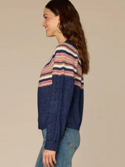 Long Sleeve Round Neck Snap Front Striped Petite Sweater Cardigan
