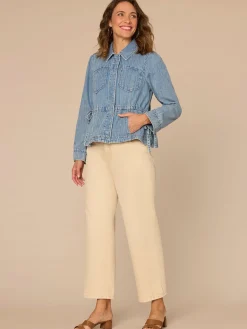 Long Sleeve Snap Front Waistband Tie Plus Size Peplum Denim Jacket