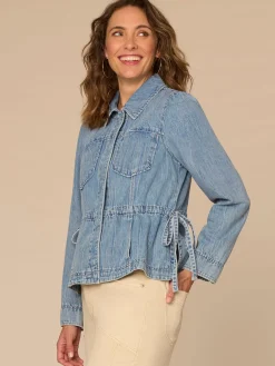 Long Sleeve Snap Front Waistband Tie Plus Size Peplum Denim Jacket