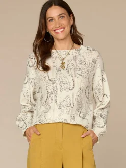 Long Straight Sleeve Ribbed Boat Neck Printed Pull Over Petite Sweater