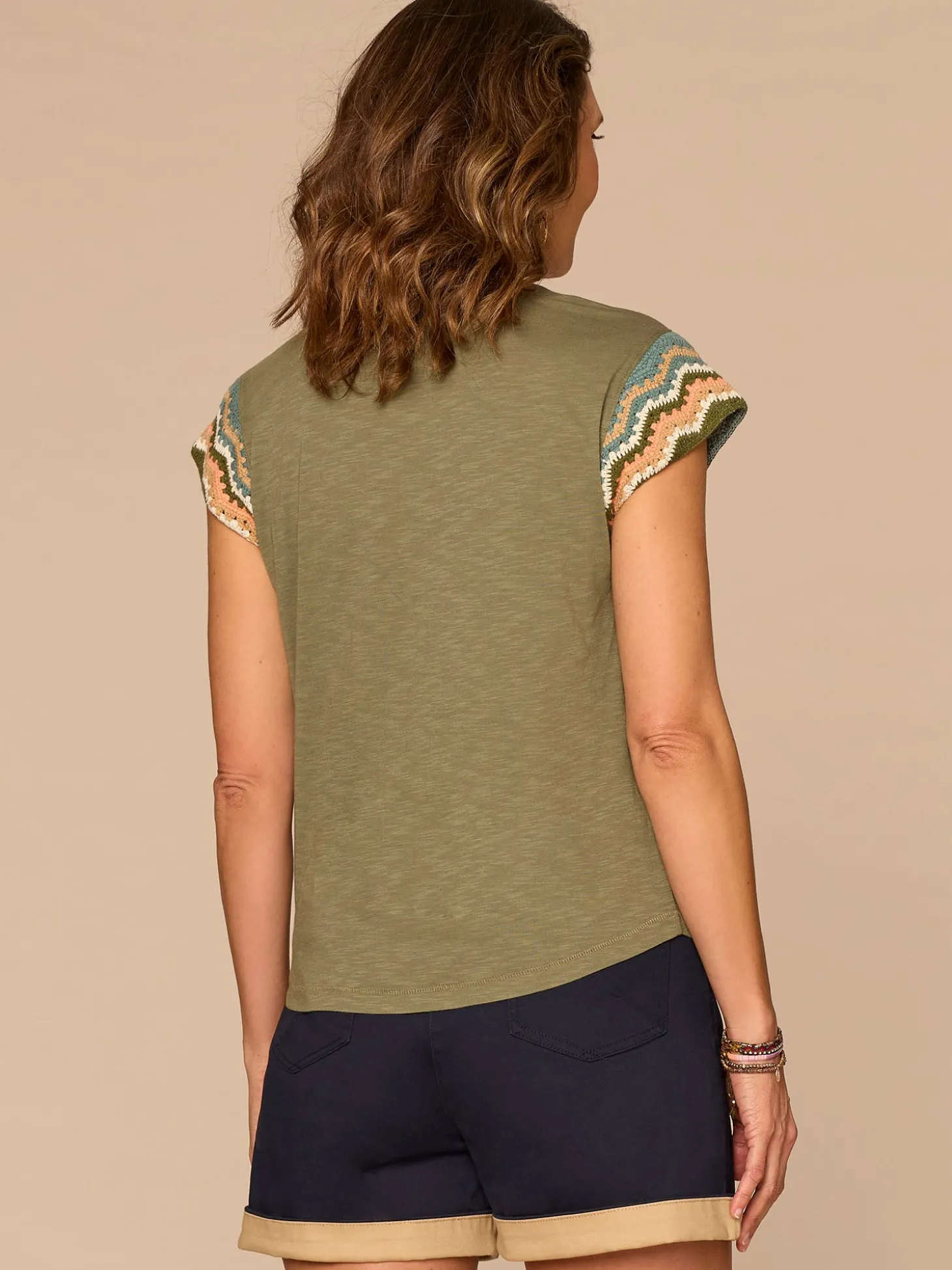 Multi Color Crochet Cap Sleeve Notched V-Neck Petite Knit Top