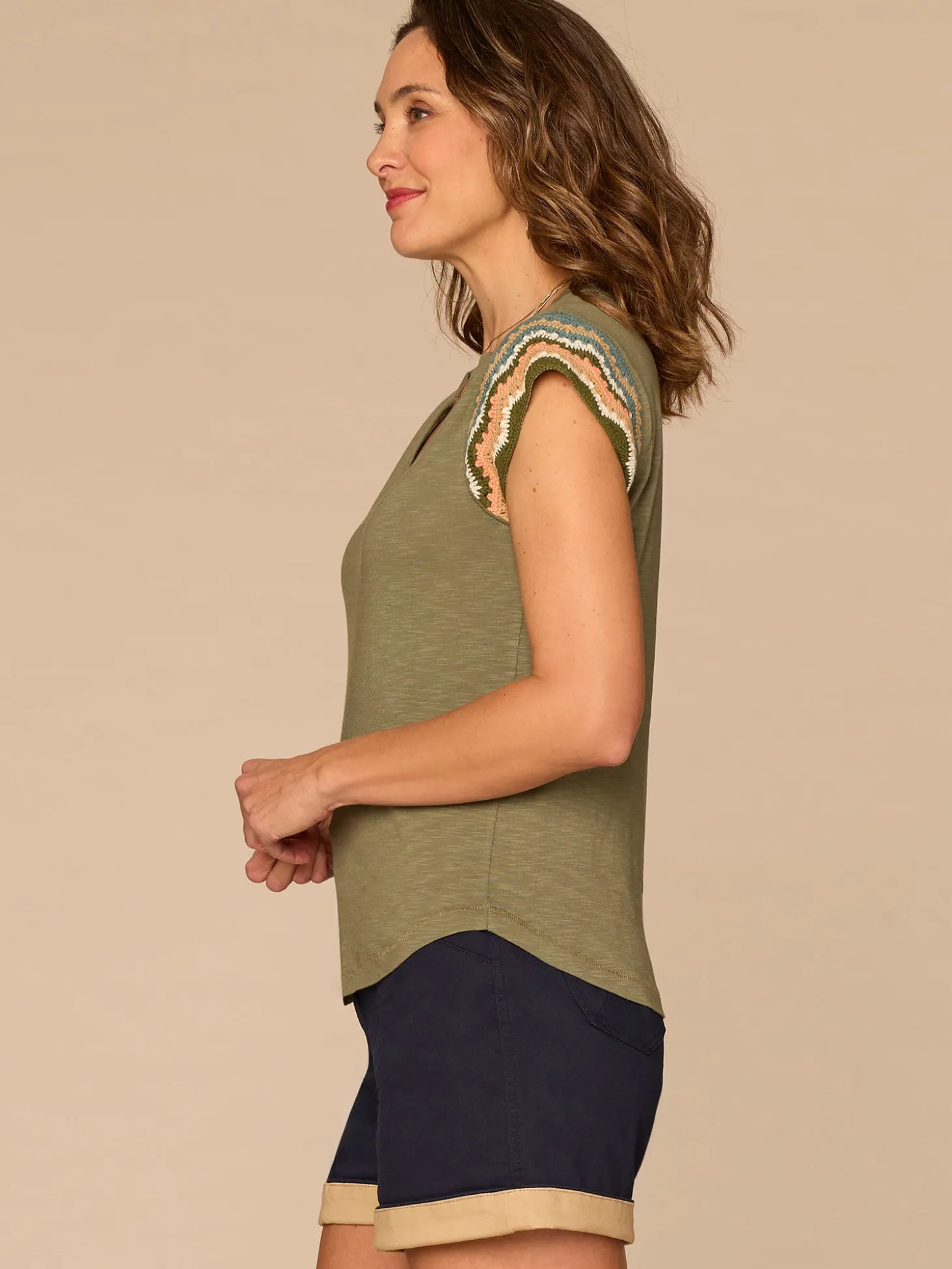 Multi Color Crochet Cap Sleeve Notched V-Neck Petite Knit Top