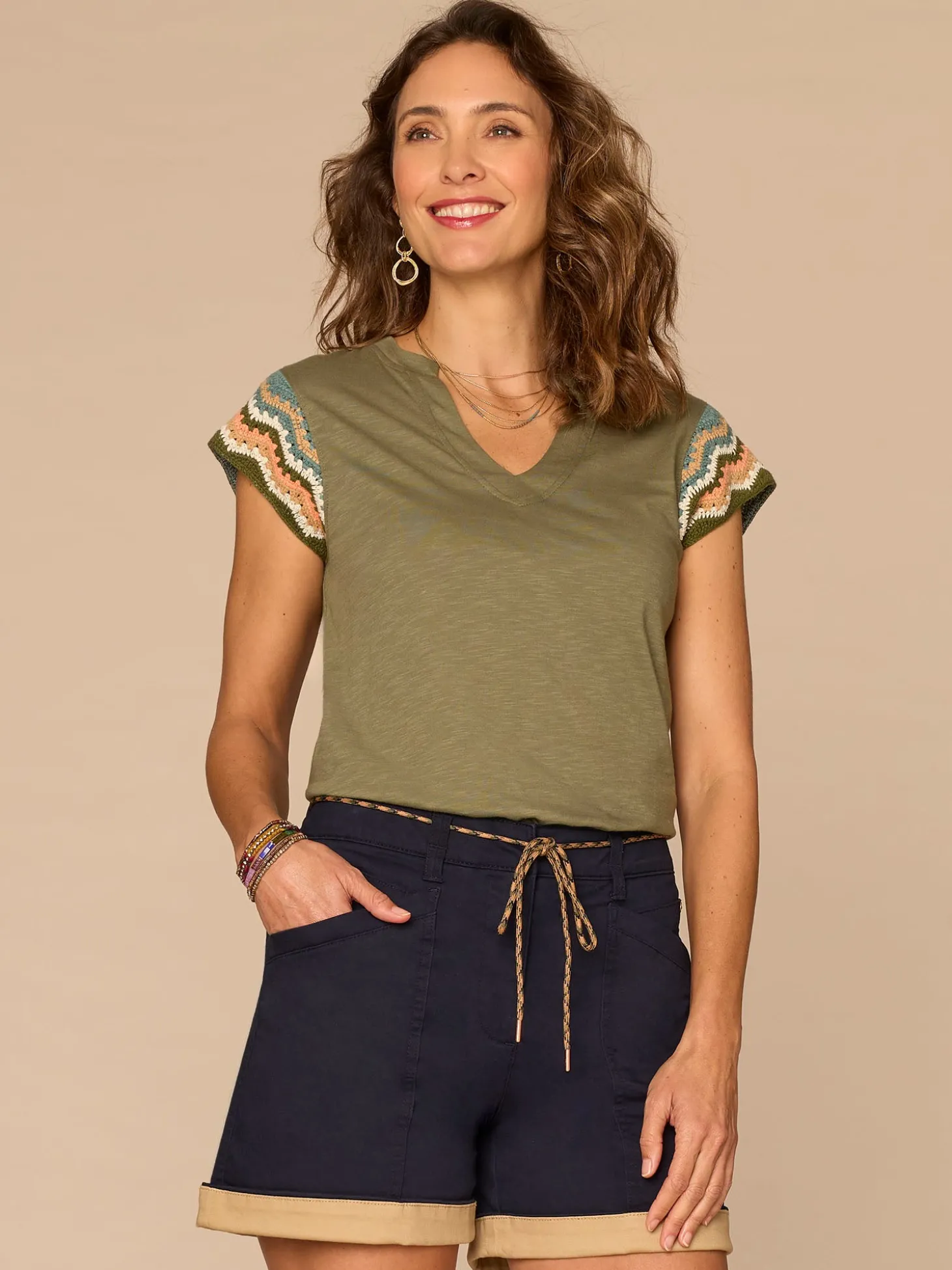 Multi Color Crochet Cap Sleeve Notched V-Neck Petite Knit Top