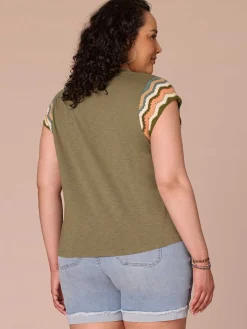 Multi Color Crochet Cap Sleeve Notched V-Neck Plus Size Knit Top