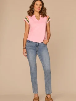 Multi Color Crochet Cap Sleeve Notched V-Neck Knit Top