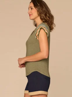 Multi Color Crochet Cap Sleeve Notched V-Neck Knit Top