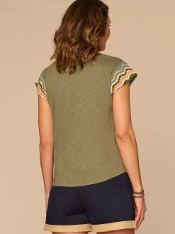 Multi Color Crochet Cap Sleeve Notched V-Neck Knit Top