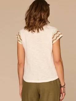 Multi Color Crochet Cap Sleeve Notched V-Neck Knit Top