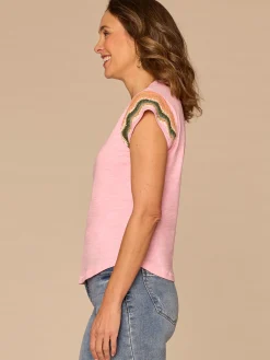 Multi Color Crochet Cap Sleeve Notched V-Neck Knit Top
