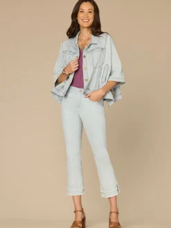 Open Sleeve Collared Button Down Denim Capelet with Welt Pockets