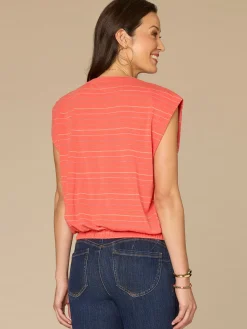 Origami Cap Sleeve Scoop Neck Cased Hem Metallic Stripe Knit Top