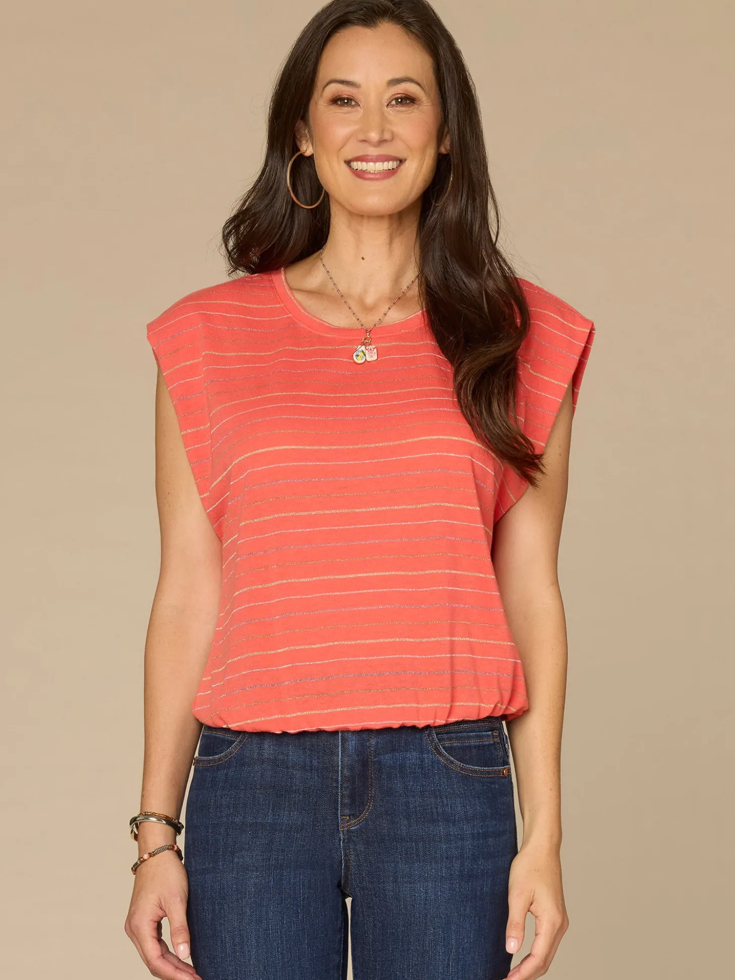 Origami Cap Sleeve Scoop Neck Cased Hem Metallic Stripe Knit Top