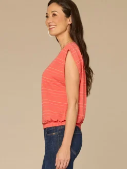Origami Cap Sleeve Scoop Neck Cased Hem Metallic Stripe Knit Top
