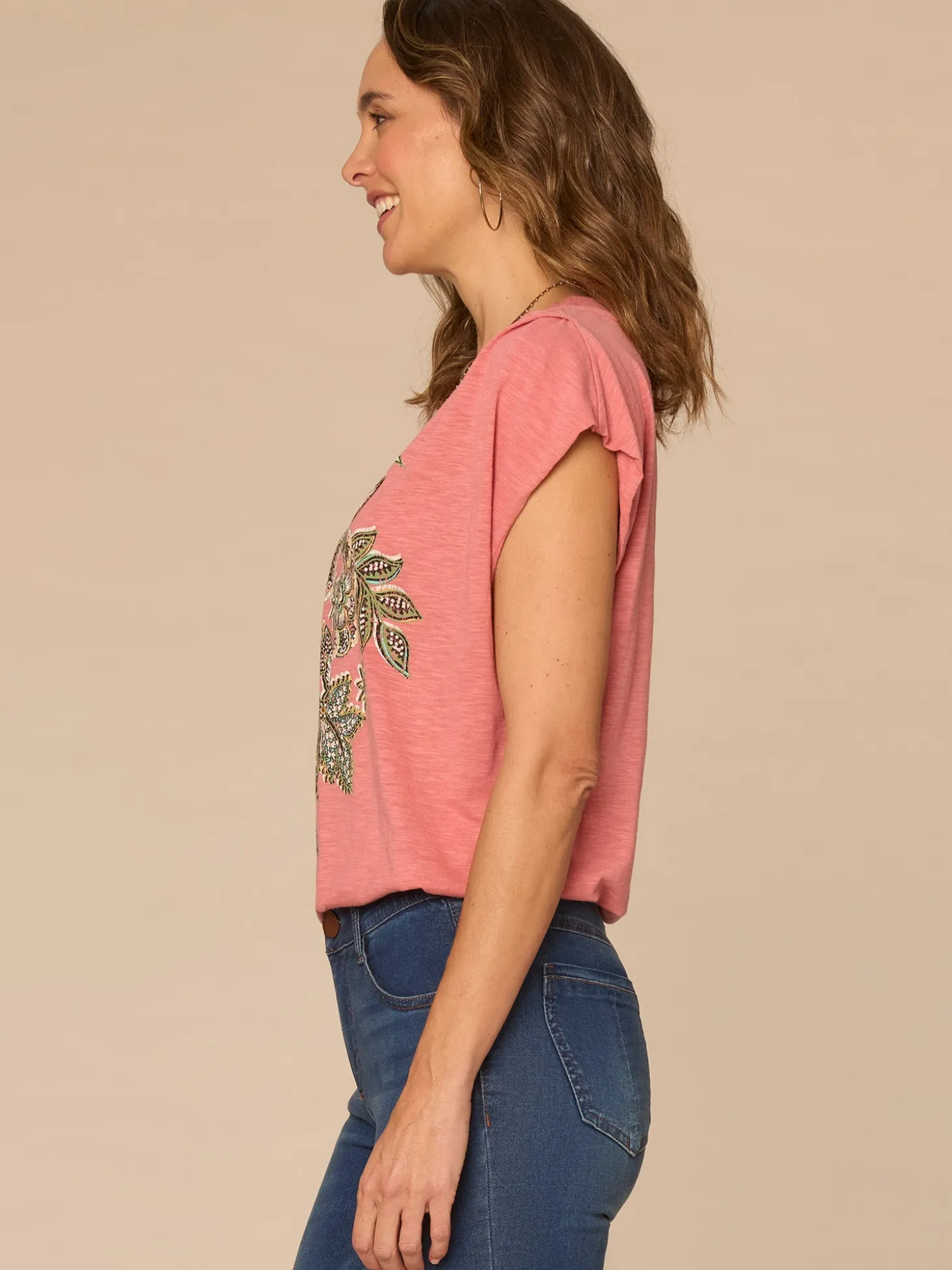 Origami Cap Sleeve Scoop Neck Cased Hem Printed Petite Knit Top