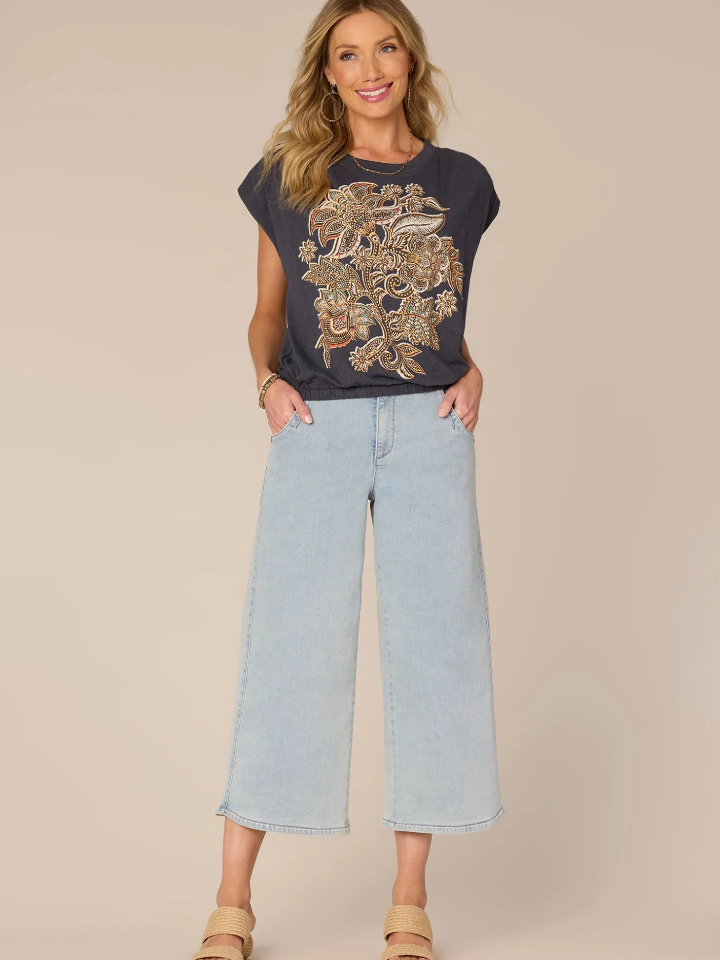 Origami Cap Sleeve Scoop Neck Cased Hem Printed Petite Knit Top