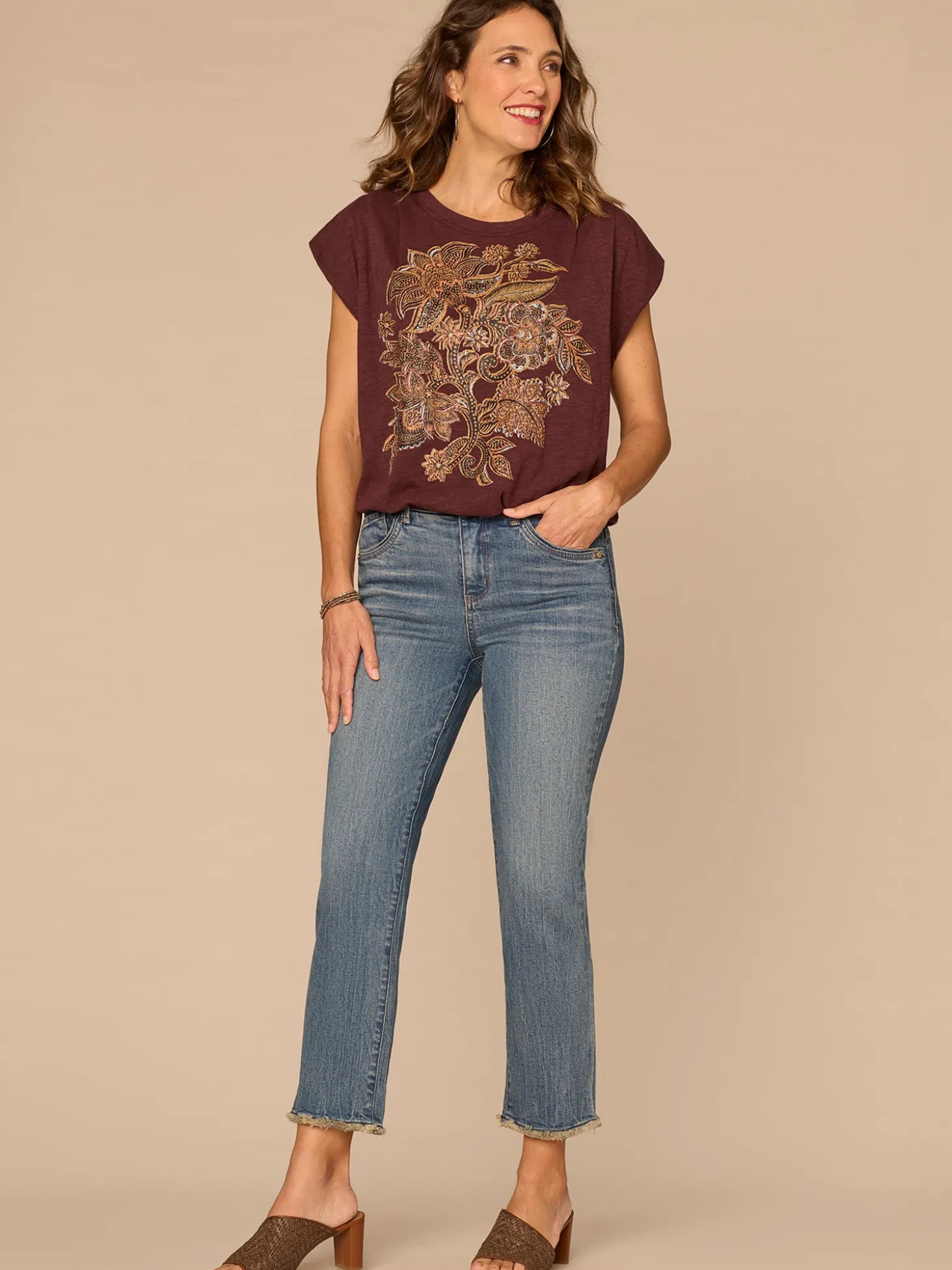 Origami Cap Sleeve Scoop Neck Cased Hem Printed Petite Knit Top