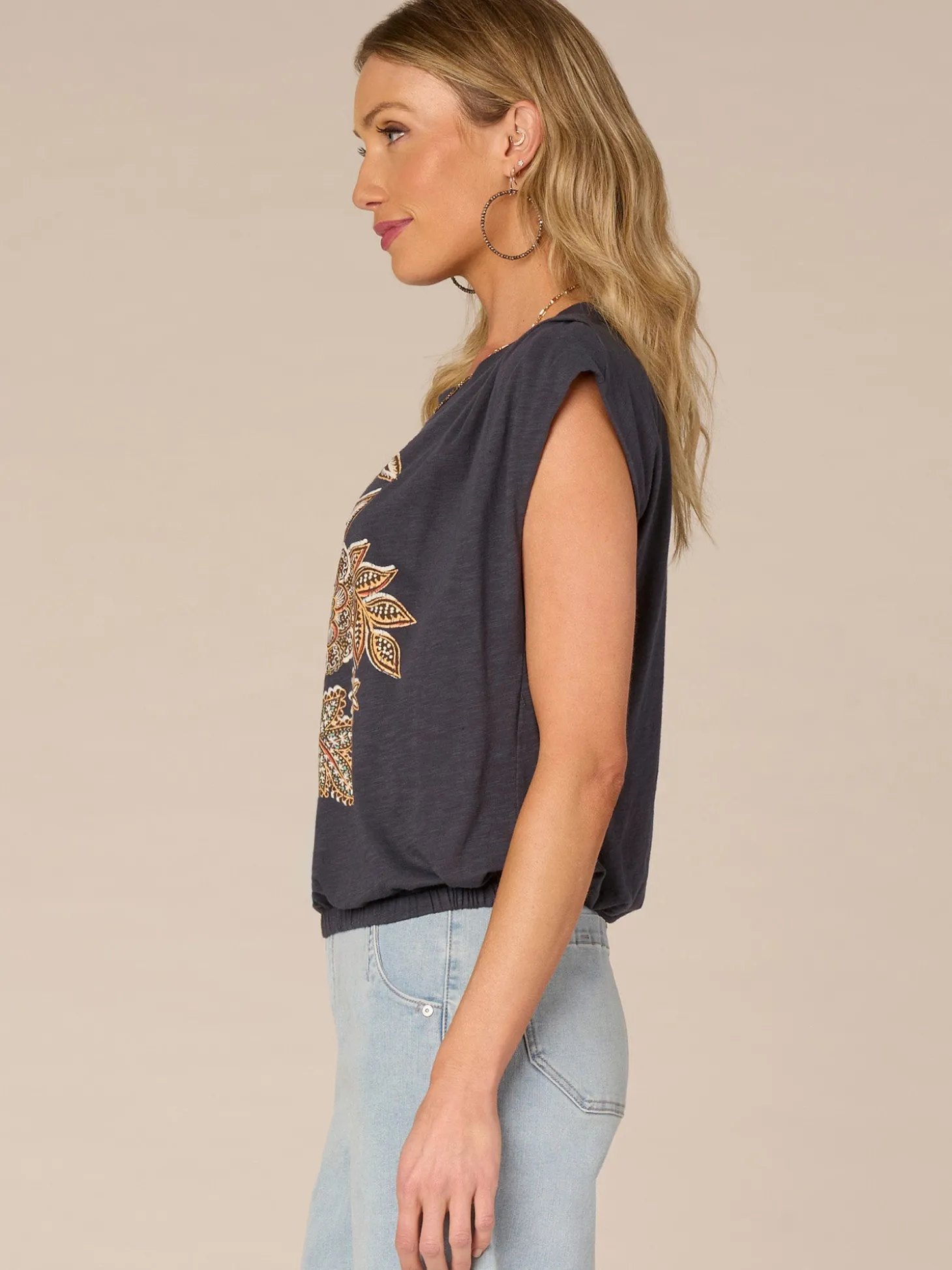 Origami Cap Sleeve Scoop Neck Cased Hem Printed Petite Knit Top