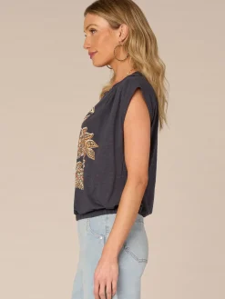 Origami Cap Sleeve Scoop Neck Cased Hem Screen Printed Knit Top