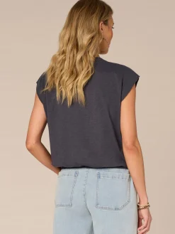 Origami Cap Sleeve Scoop Neck Cased Hem Screen Printed Knit Top