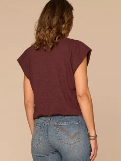 Origami Cap Sleeve Scoop Neck Cased Hem Screen Printed Knit Top
